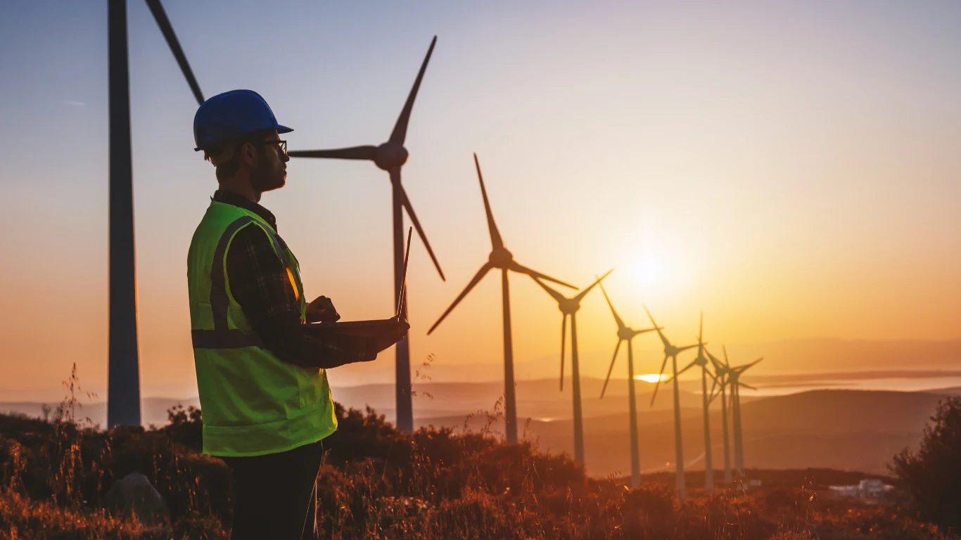 Energy professional overlooking wind turbines at sunset.